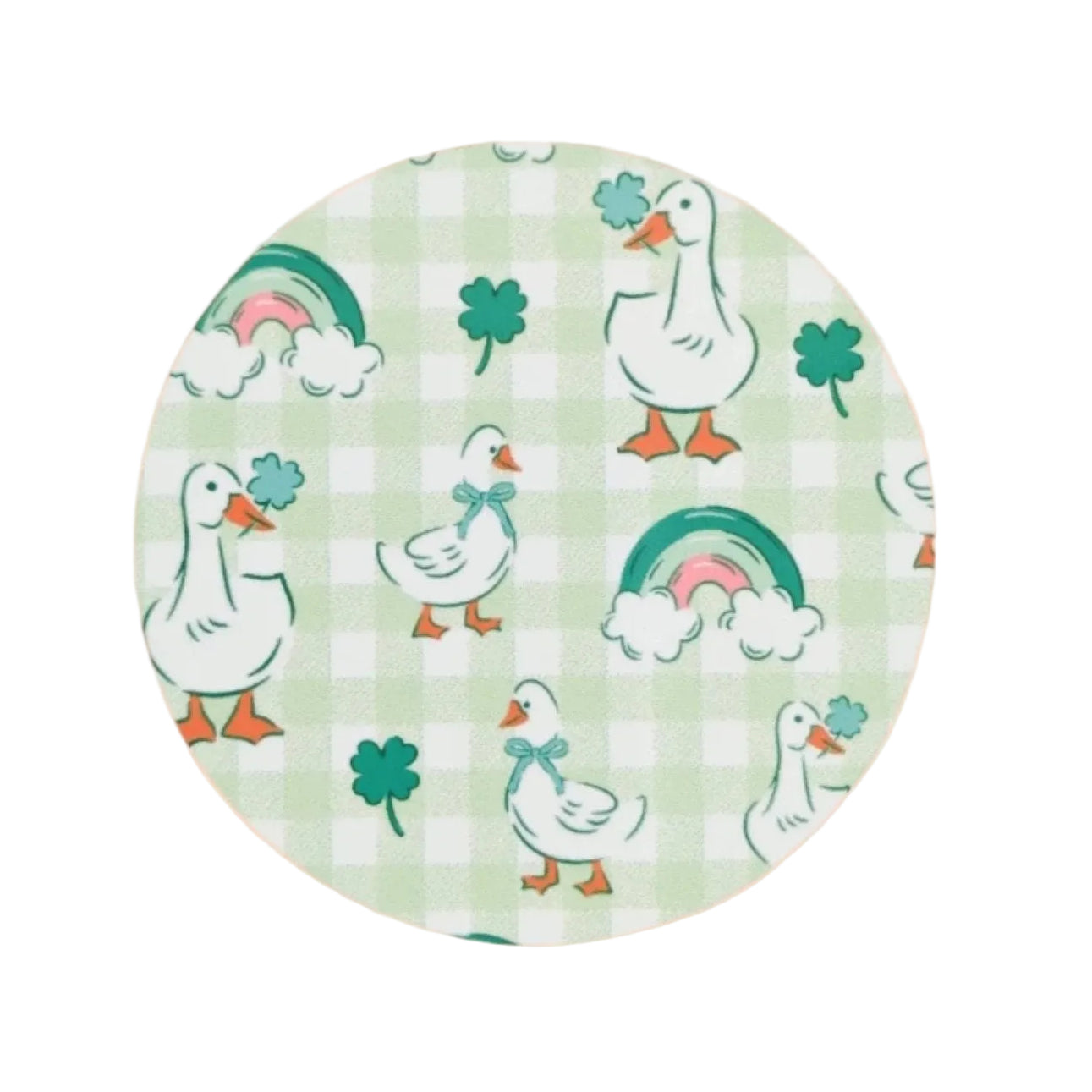 St. Patrick’s Day goose hard board add-on with shamrocks, rainbows and green gingham, compatible with interchangeable badge reel bases for goose lovers.