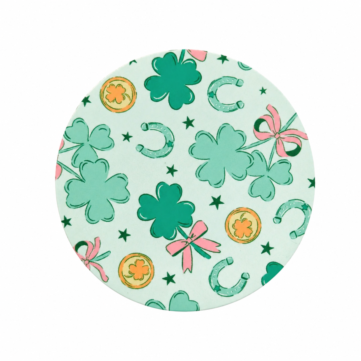 Lucky shamrock hard board add-on featuring green clovers, horseshoes, coins, pink bows, and stars, compatible with interchangeable badge reel bases.