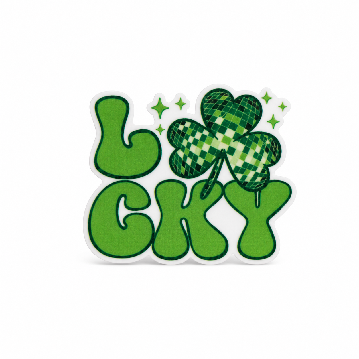 Lucky shamrock plastic add-on with green lettering and a sparkling clover, compatible with interchangeable badge reel bases.