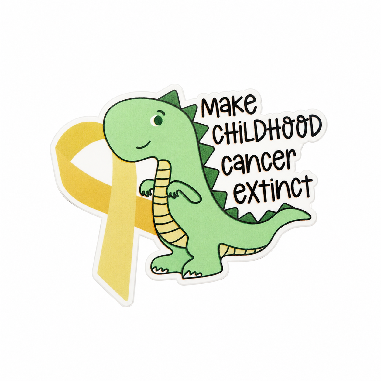 make CHILDHOOD cancer extinct plastic add-on with green dinosaur and gold awareness ribbon, compatible with interchangeable badge reel bases.