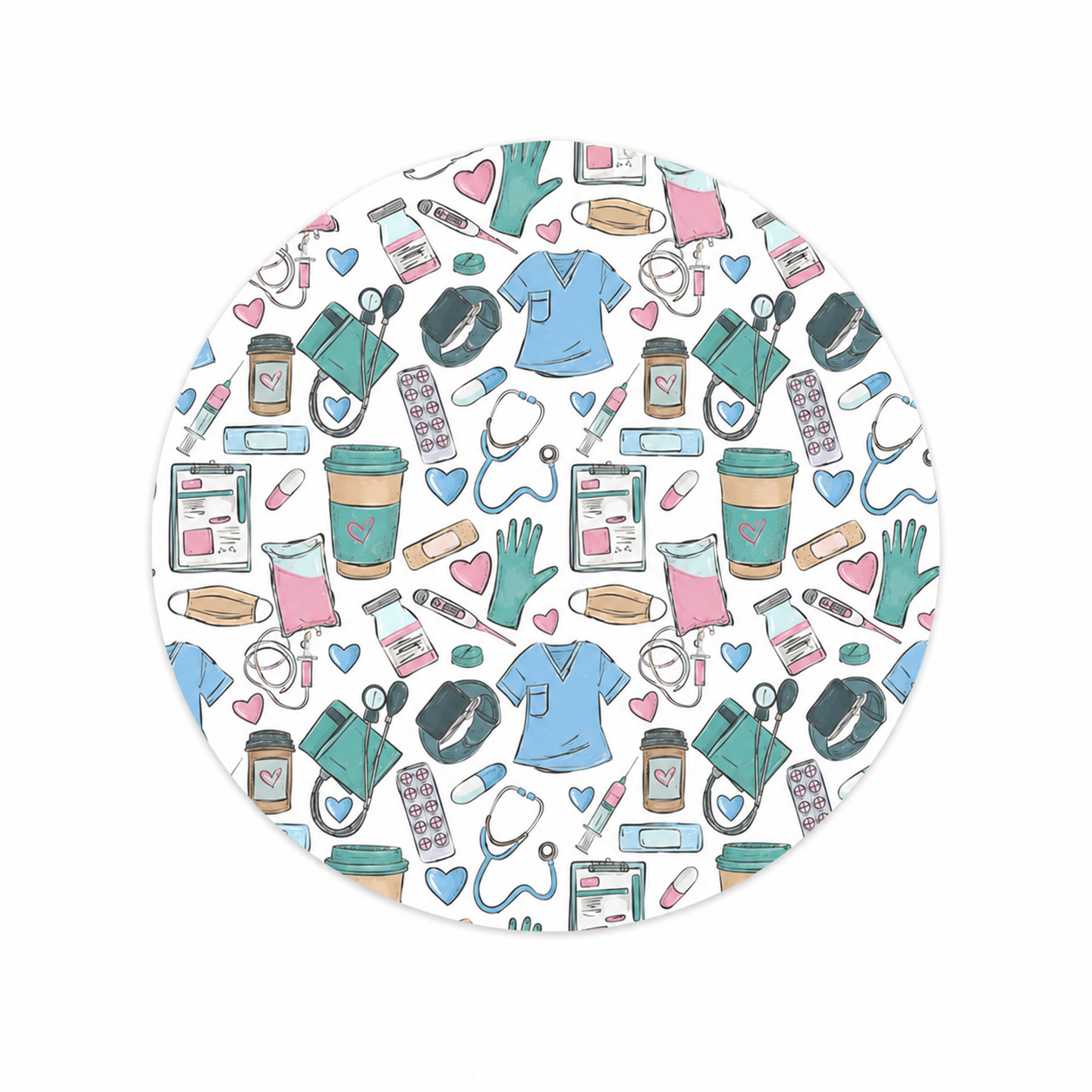 Medical Essentials hard board add-on featuring scrubs, stethoscope, coffee cups, gloves, syringes, clipboards, medicine bottles, and healthcare tools, compatible with interchangeable badge reel bases.