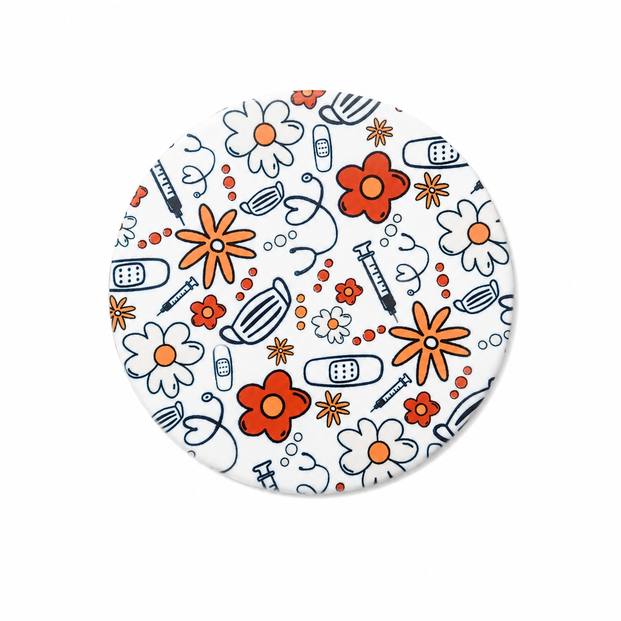Retro floral medical hard board add-on with orange and blue flowers, stethoscopes, syringes, bandages, and masks, compatible with interchangeable badge reel bases.