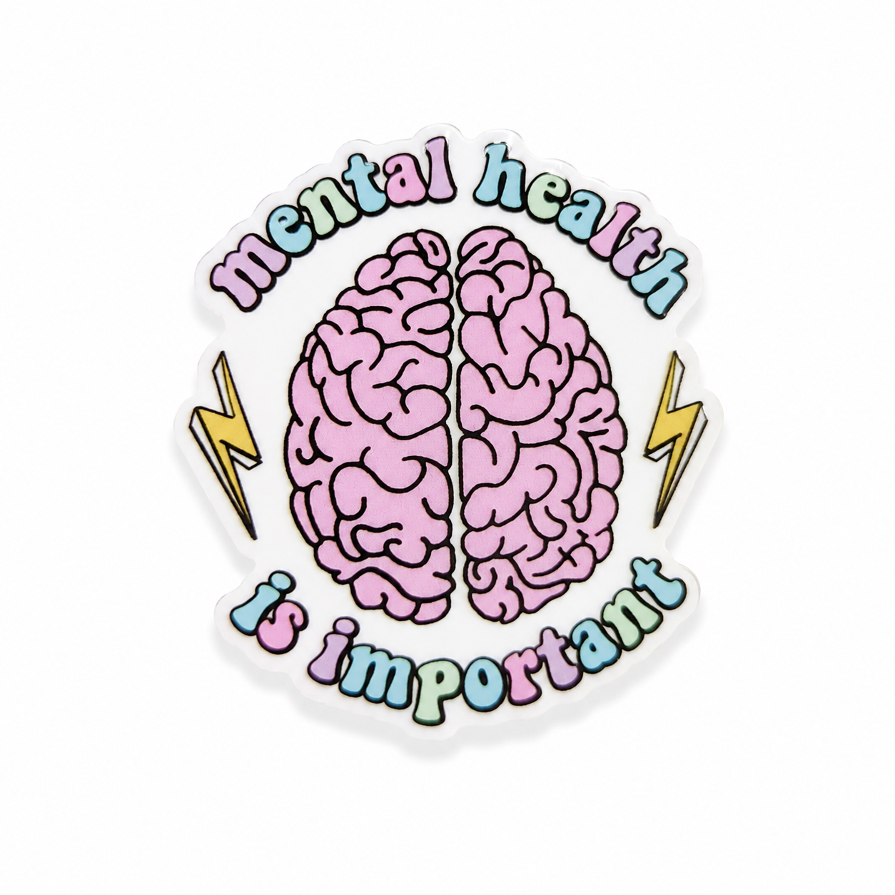 Mental Health is Important plastic add-on featuring a pink brain illustration with lightning bolts, compatible with interchangeable badge reel bases for mental health awareness.