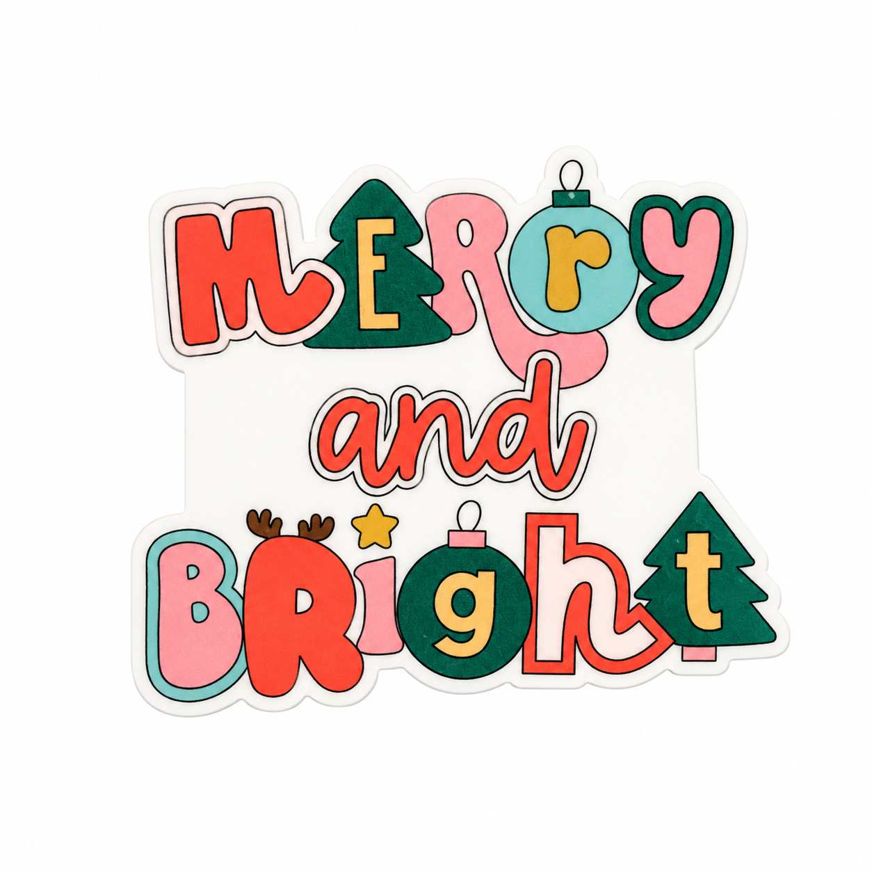 Merry and Bright plastic add-on with colorful Christmas ornament lettering and Christmas trees, compatible with interchangeable badge reel bases.