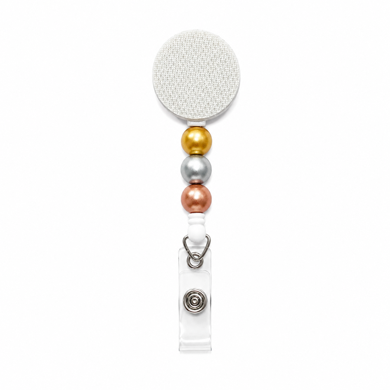 Metallic beaded badge reel featuring gold, silver, and rose gold beads with a retractable reel and clear badge holder attachment for work IDs.