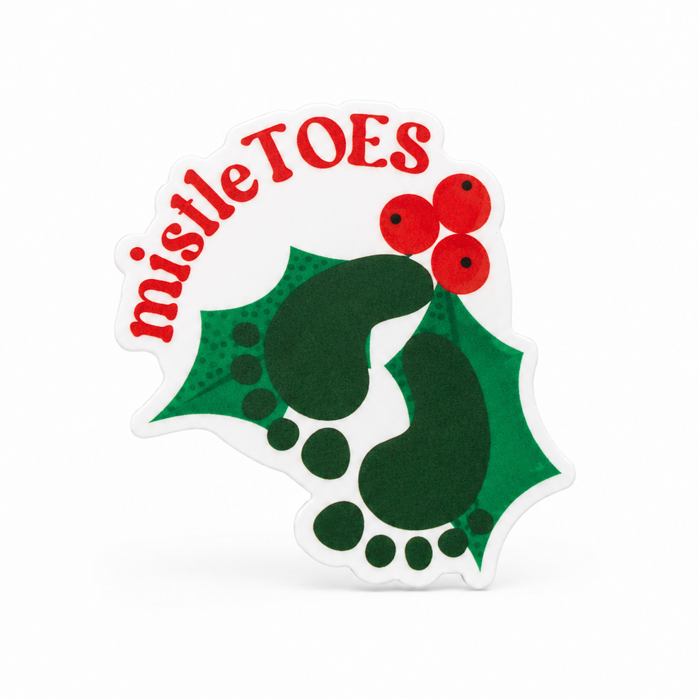 Mistle Toes plastic add-on featuring baby footprints with mistletoe leaves and berries, compatible with interchangeable badge reel bases for pediatric and NICU nurses.