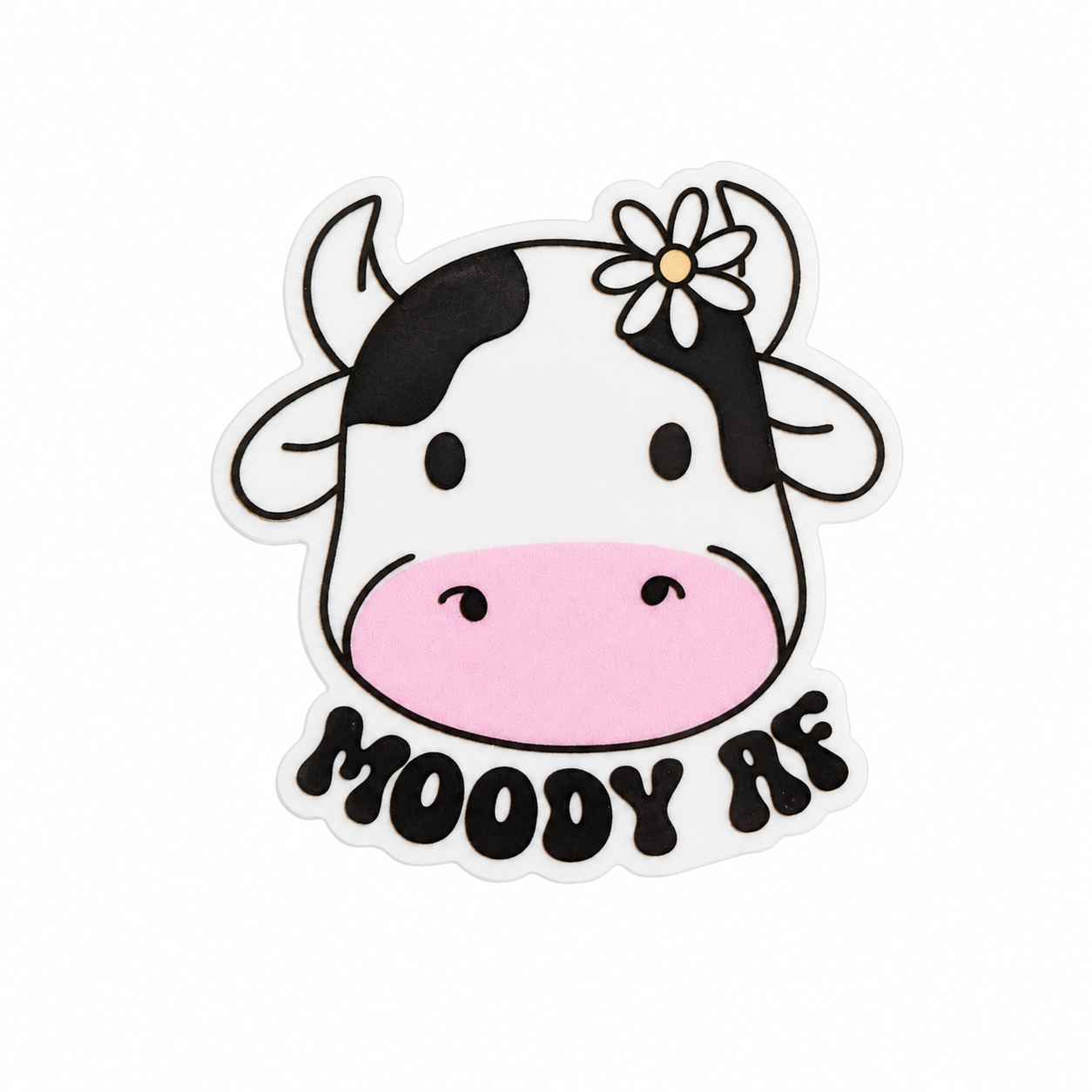 Moody Af plastic add-on with cute cow face, pink nose, and daisy detail, cow lover gift compatible with interchangeable badge reel bases.