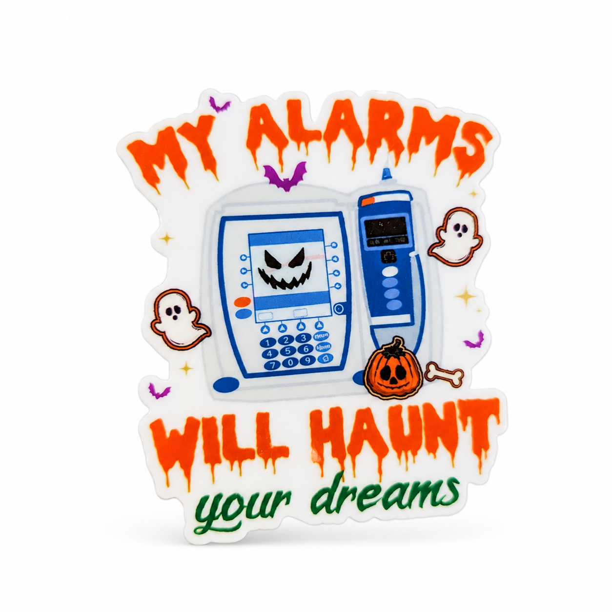MY ALARMS WILL HAUNT your dreams ICU nurse Halloween plastic add-on with infusion pumps, ghosts, bats, and a pumpkin, compatible with interchangeable badge reel bases.