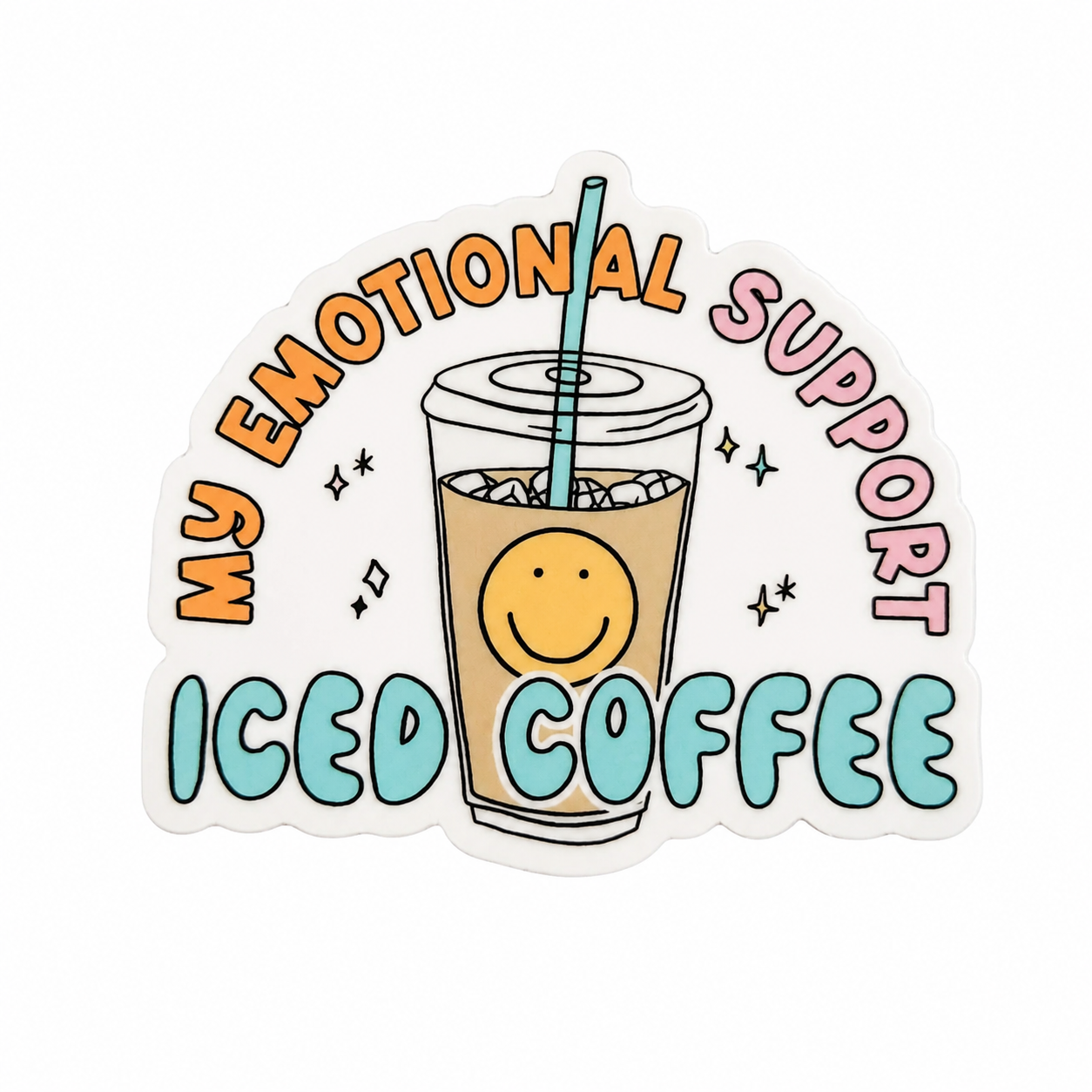My Emotional Support Iced Coffee plastic add-on featuring a smiling iced coffee cup, compatible with interchangeable badge reel bases for coffee lovers.