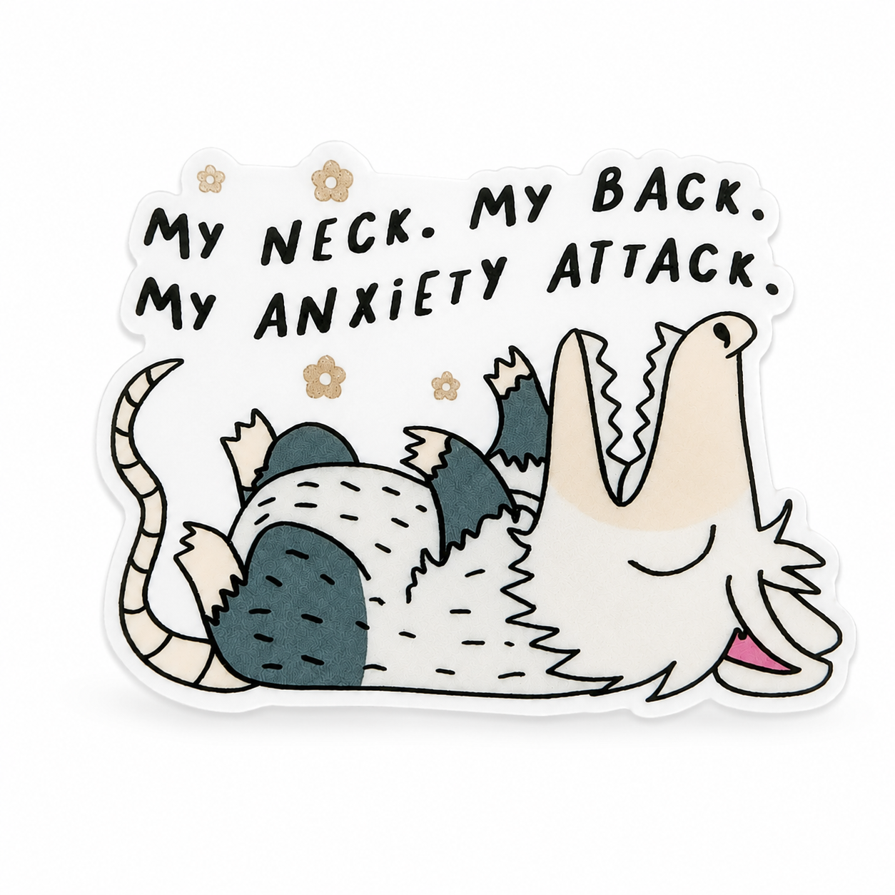 My Neck My Back My Anxiety Attack plastic add-on featuring a lounging opossum design, compatible with interchangeable badge reel bases, perfect as a funny nurse badge accessory and healthcare worker accessory