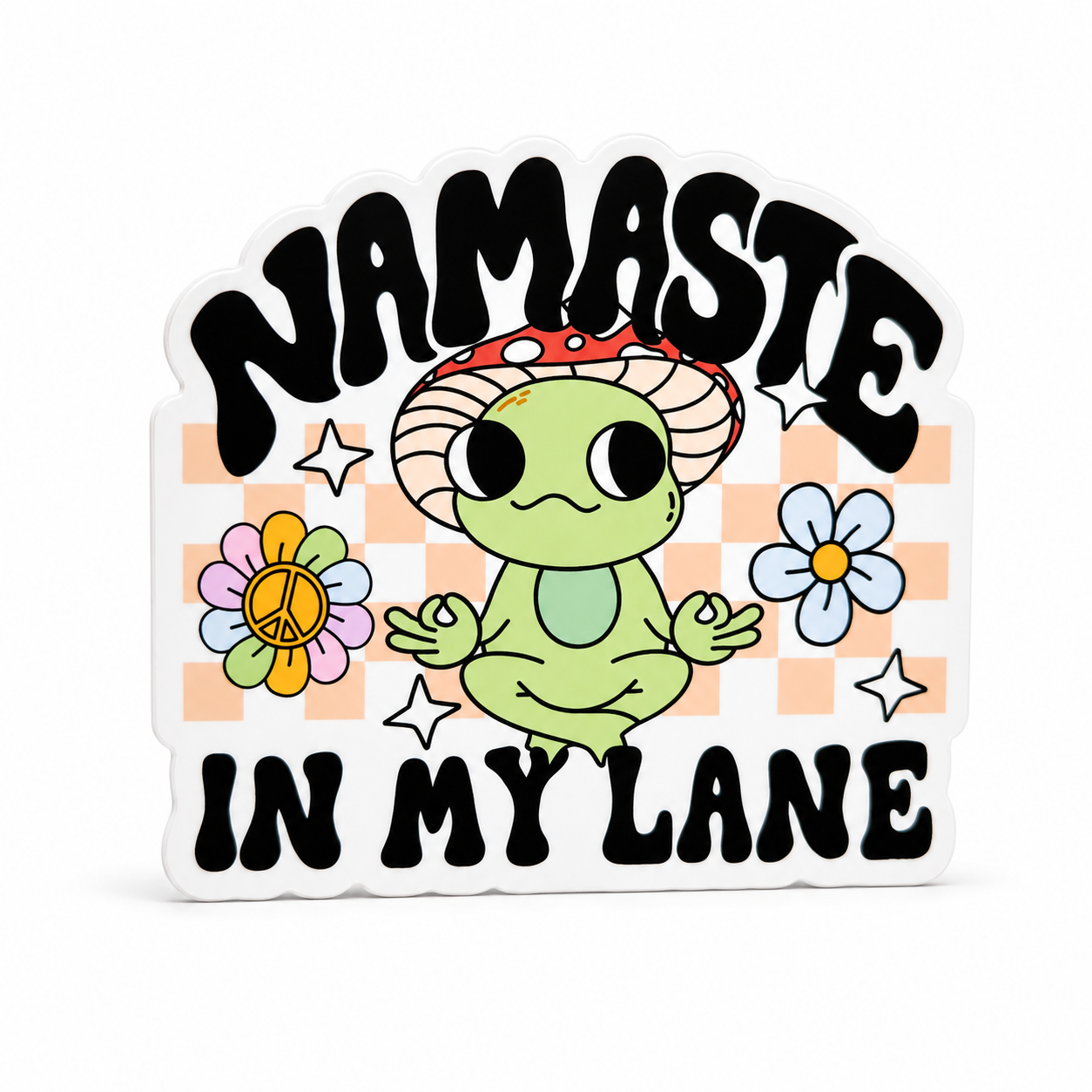 NAMASTE IN MY LANE plastic add-on with meditating green frog, mushroom hat, flowers, and checkered background, compatible with interchangeable badge reel bases.