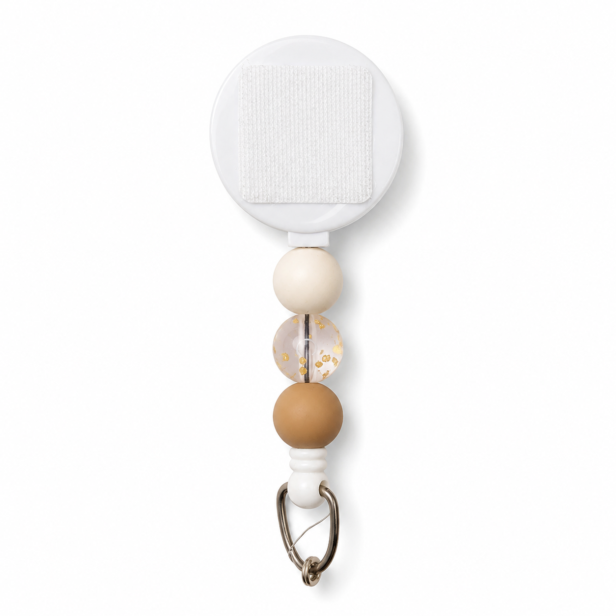 Neutral boho interchangeable beaded badge reel featuring beige silicone beads and a clear confetti accent bead with gold flecks.