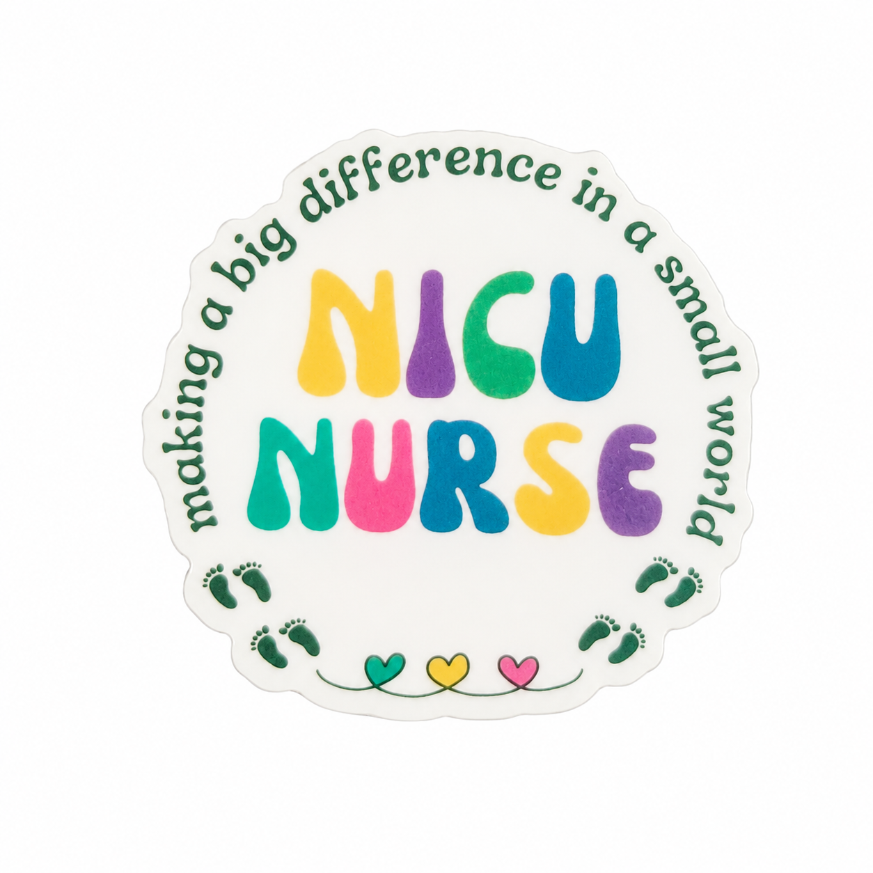 NICU NURSE plastic add-on with baby footprints, hearts, and making a big difference in a small world design, compatible with interchangeable badge reel bases.