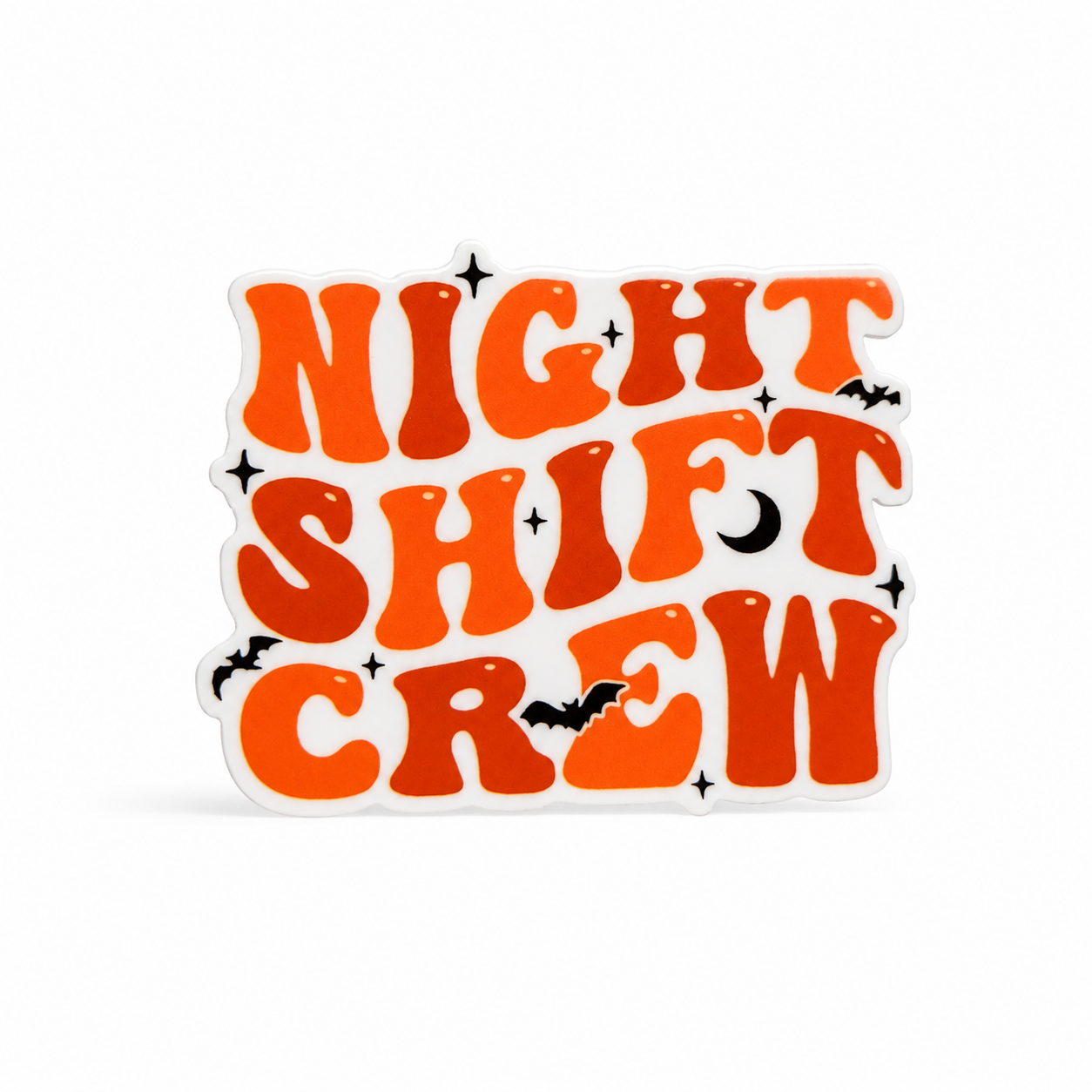 NIGHT SHIFT CREW plastic add-on with orange retro lettering, black bats, a crescent moon, and sparkles, compatible with interchangeable badge reel bases.