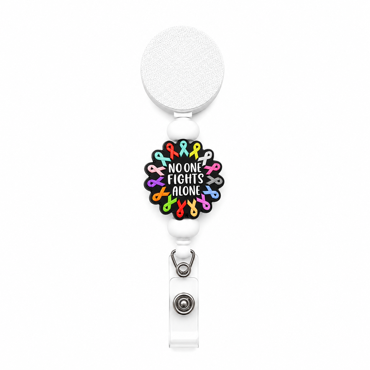 No One Fights Alone interchangeable badge reel featuring colorful awareness ribbons, white decorative beads, and a retractable beaded badge reel for healthcare professionals.