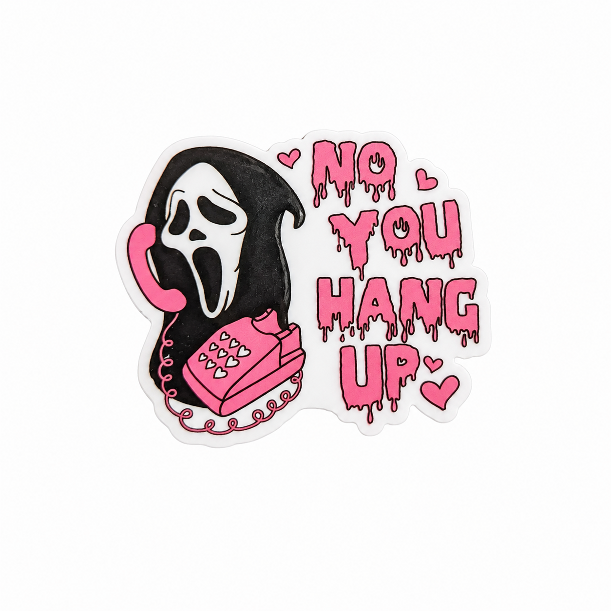 No You Hang Up plastic add-on with ghost mask, pink phone, hearts, and spooky lettering, horror lover gift compatible with interchangeable badge reel bases.