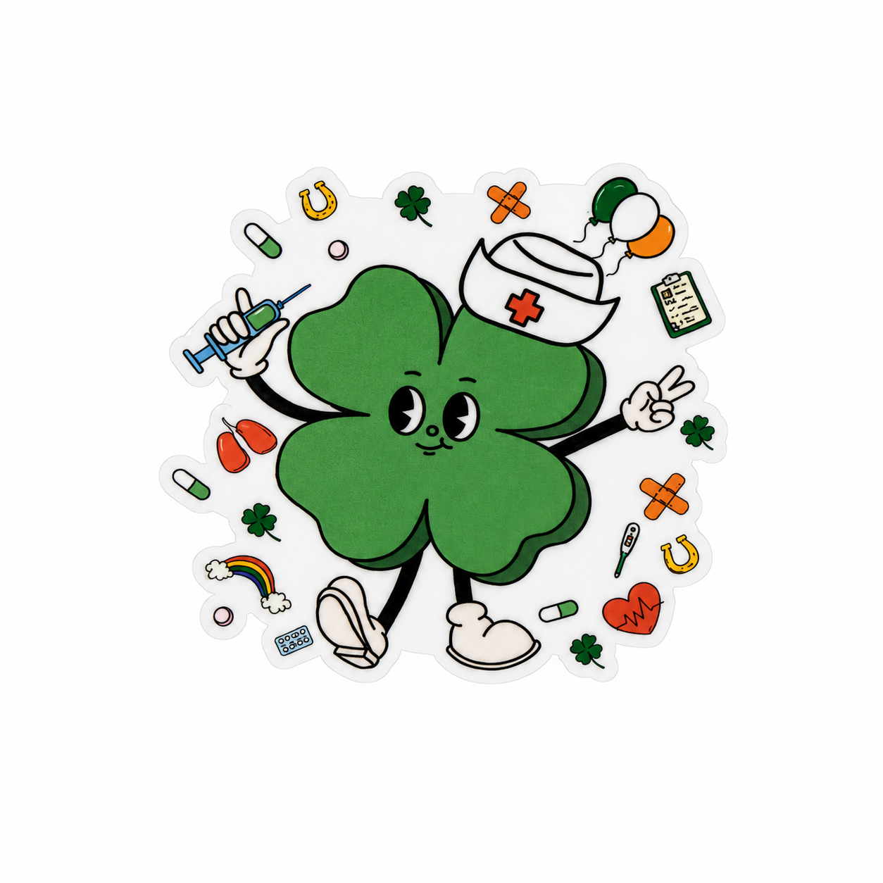 Nurse clover plastic add-on with medical tools and St. Patrick’s Day accents, compatible with interchangeable badge reel bases.