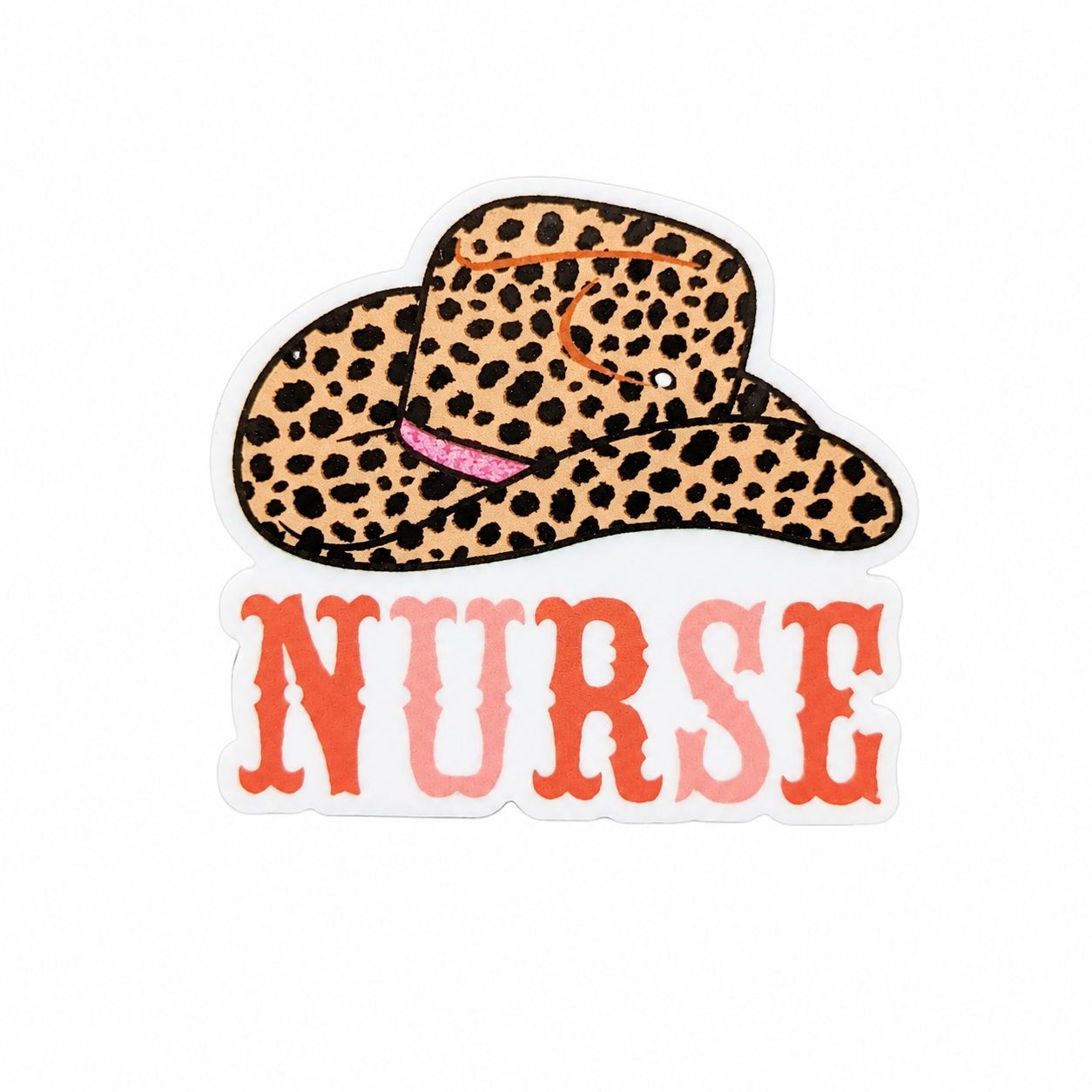 NURSE plastic add-on with leopard print cowgirl hat and coral lettering, compatible with interchangeable badge reel bases for western nurse accessory use.