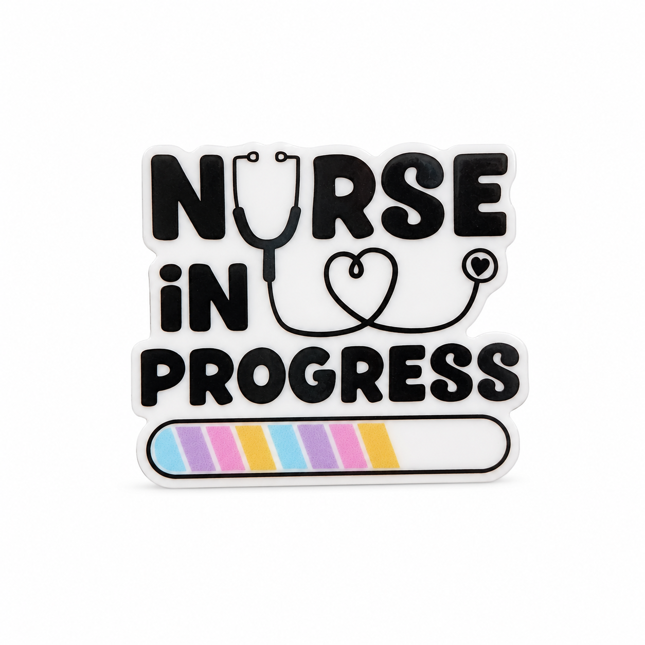 NURSE IN PROGRESS plastic add-on with a stethoscope heart and pastel progress bar, compatible with interchangeable badge reel bases for nursing students.