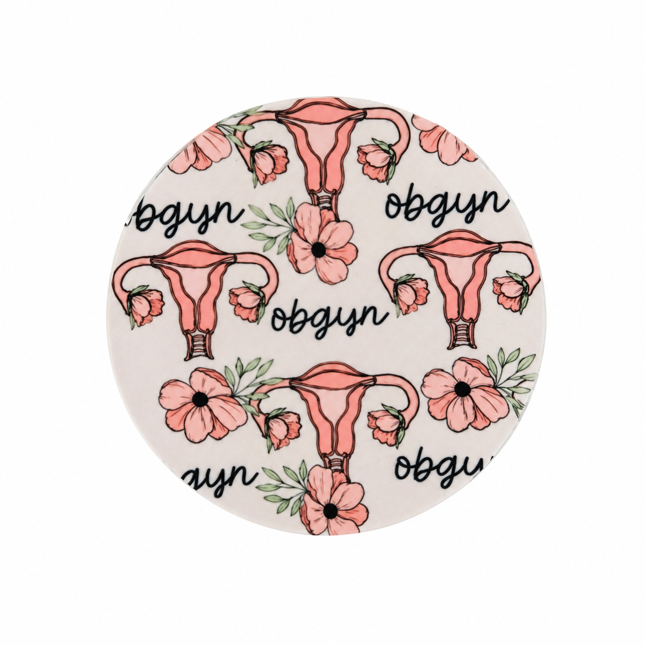 OBGYN Uterus hard board add-on featuring illustrated uteruses, pink flowers, and the word "obgyn," compatible with interchangeable badge reel bases.
