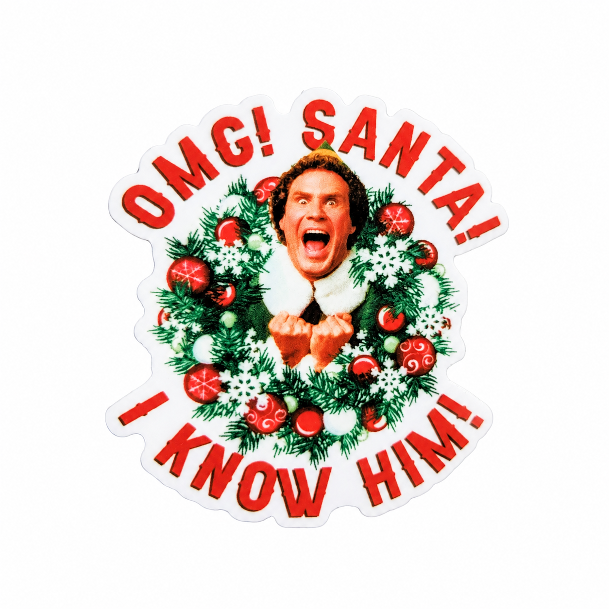 OMG! SANTA! I KNOW HIM! plastic add-on with Christmas wreath and red ornaments, compatible with interchangeable badge reel bases, funny Christmas work accessory.