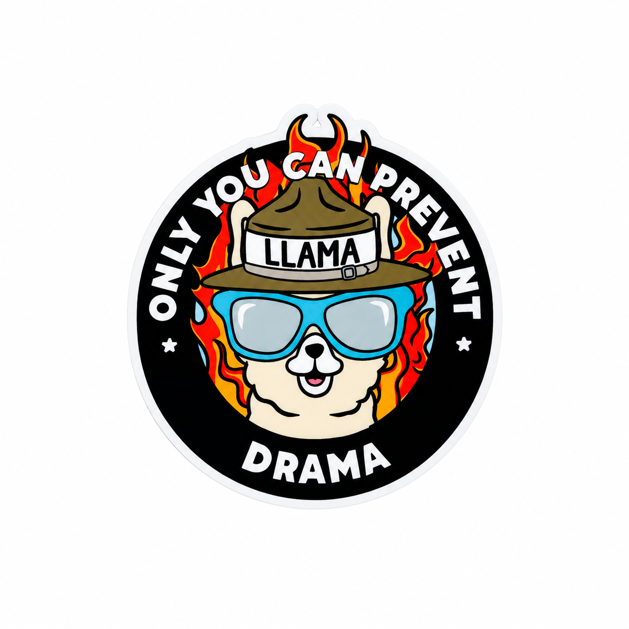 Only You Can Prevent Drama llama plastic add-on featuring a llama with sunglasses and flames, compatible with interchangeable badge reel bases, funny llama accessory