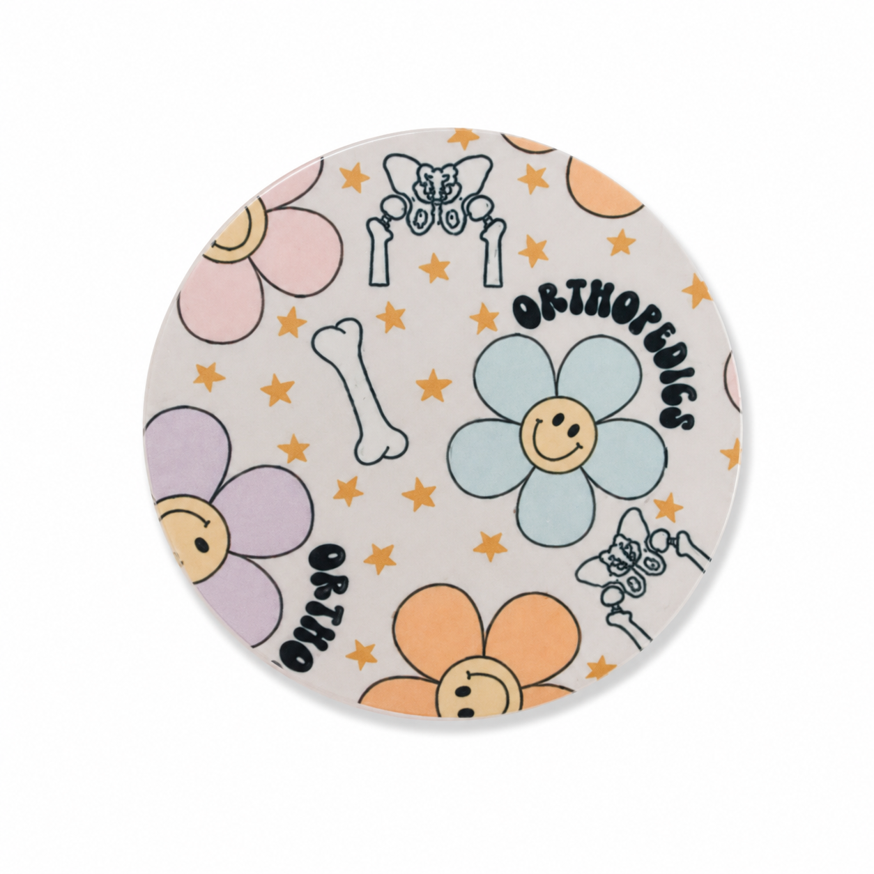 Orthopedics hard board add-on featuring smiley flowers, orthopedic-themed illustrations, stars, and pastel colors, compatible with interchangeable badge reel bases.