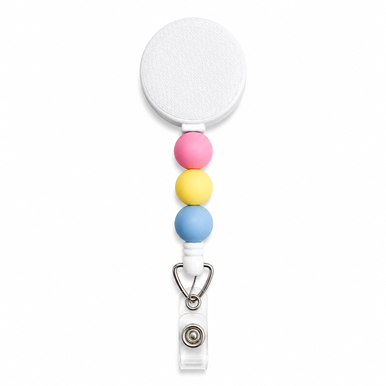 Pastel Bloom interchangeable beaded badge reel with pink, yellow, and blue silicone beads, retractable badge reel for nurses, teachers, and everyday work.