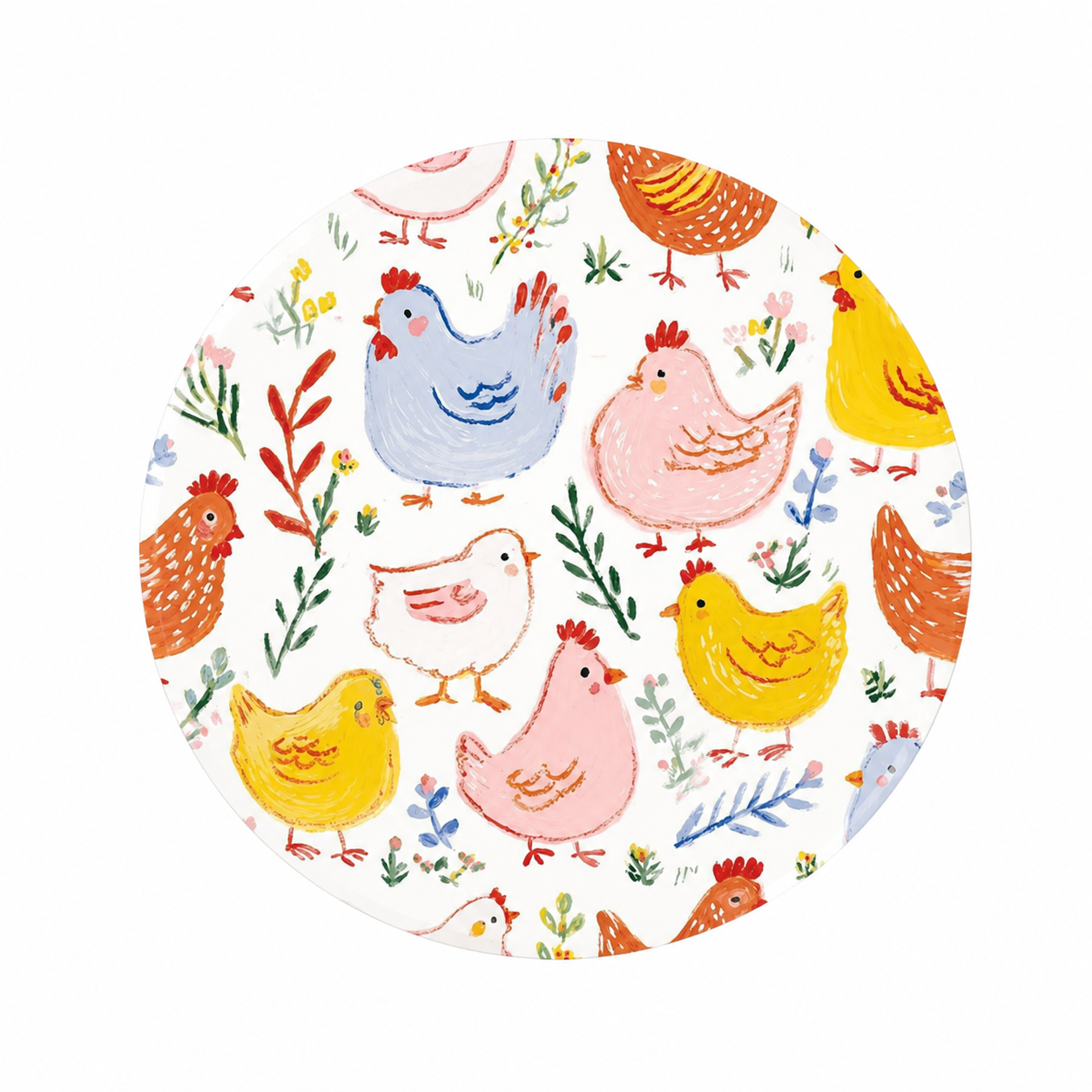 Hard board add-on featuring pastel chickens with wildflowers and greenery, compatible with interchangeable badge reel bases.