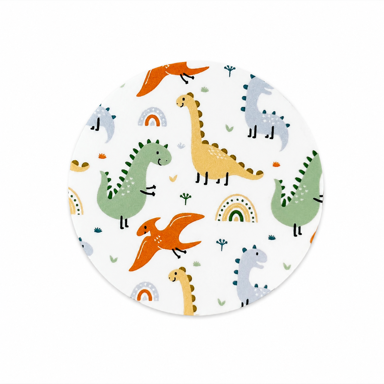 Pastel Dinosaur hard board add-on featuring cute dinosaurs, rainbows, and prehistoric elements, compatible with interchangeable badge reel bases for pediatric professionals.