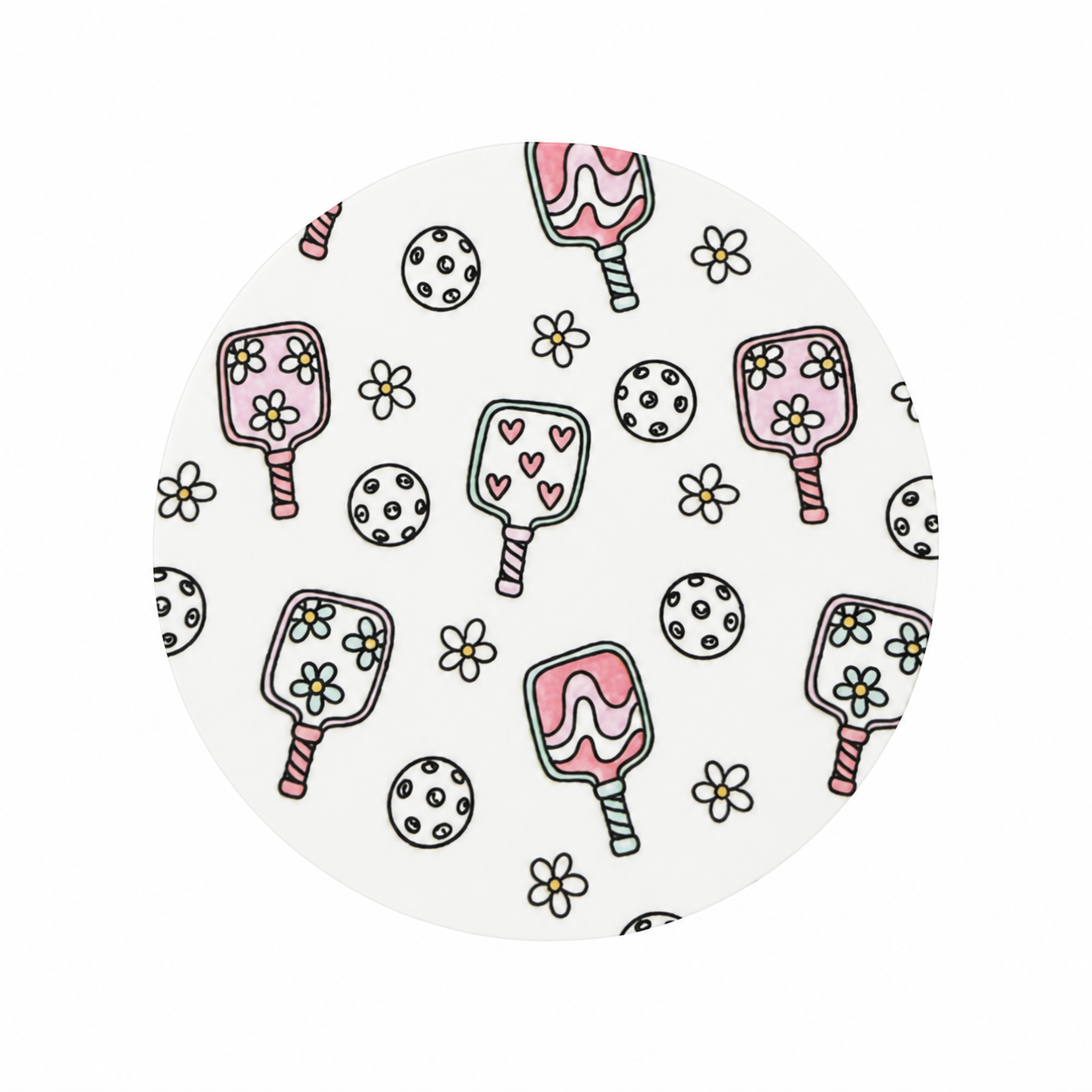 Pastel Pickleball hard board add-on featuring pink pickleball paddles, pickleballs, and daisy flowers for compatible interchangeable badge reel bases.