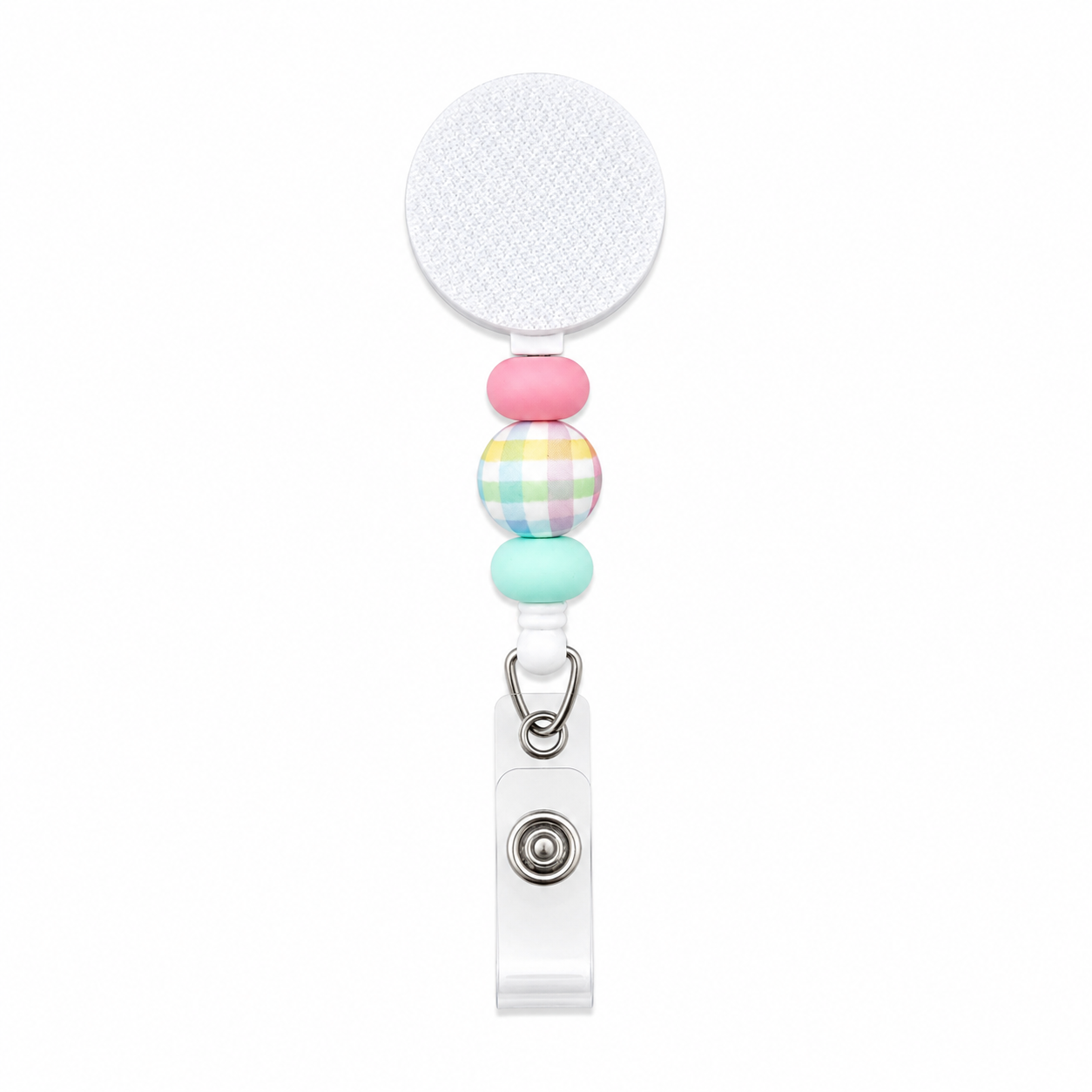 Pastel plaid beaded badge reel with white retractable badge reel, pink and mint silicone beads, colorful rainbow plaid bead, decorative interchangeable badge reel work badge accessory.