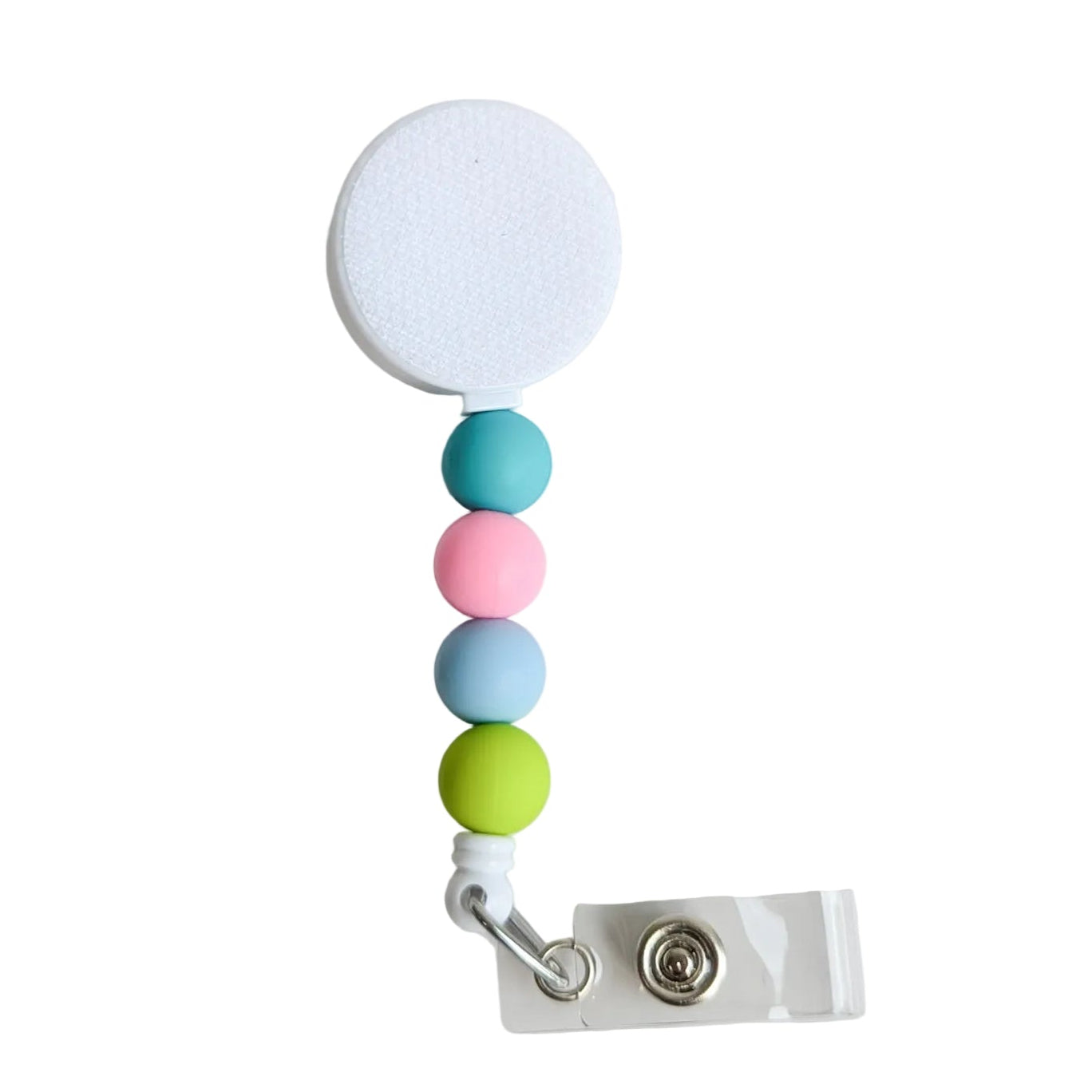 Pastel beaded badge reel with a white retractable reel and turquoise, pink, baby blue, and lime green silicone beads for a colorful work badge accessory.