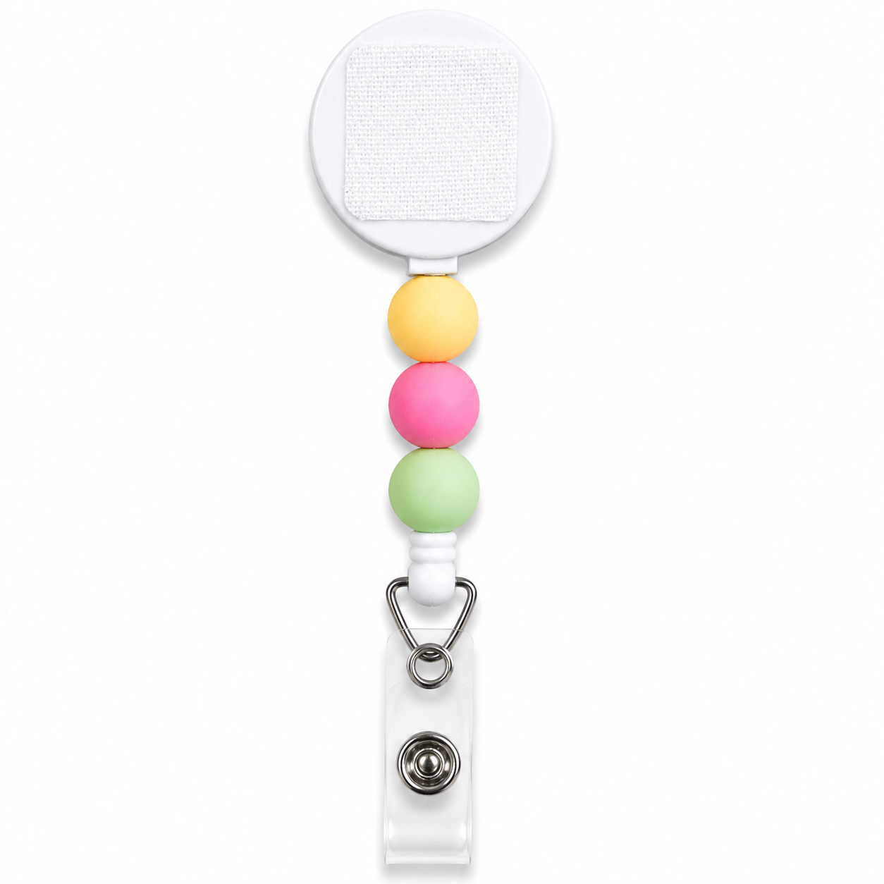 Pastel rainbow interchangeable beaded badge reel with yellow, pink, and mint silicone beads and a retractable badge holder.