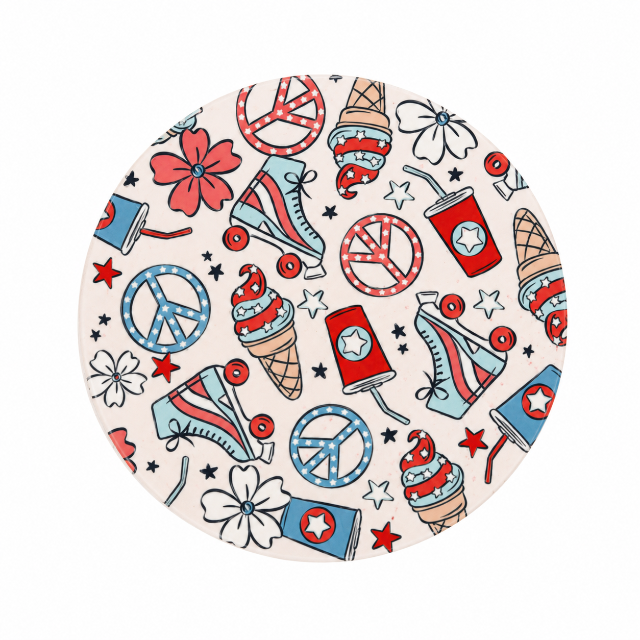 Patriotic summer hard board add-on with roller skates, peace signs, ice cream, flowers and stars, compatible with interchangeable badge reel bases.
