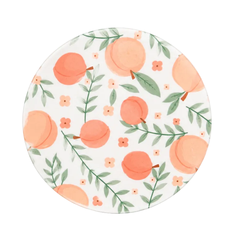 Peach blossom hard board add-on featuring soft orange peaches, green leafy branches, and tiny flowers, compatible with interchangeable badge reel bases.