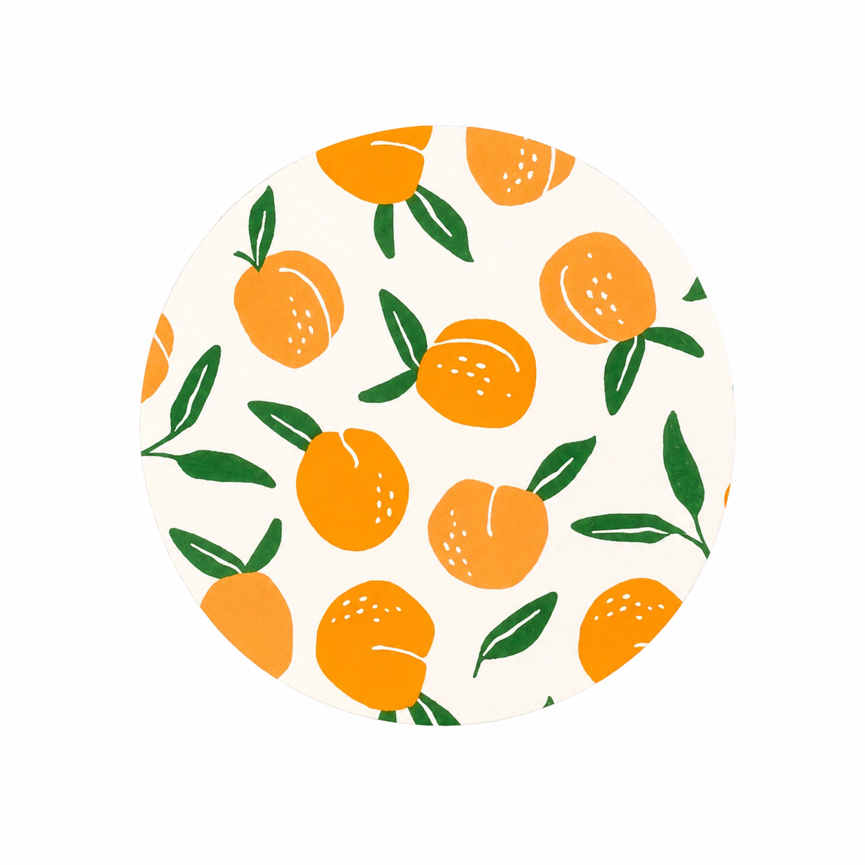 Peach Pattern hard board add-on featuring a repeating design of ripe peaches and green leaves, compatible with interchangeable badge reel bases for a fresh botanical look.