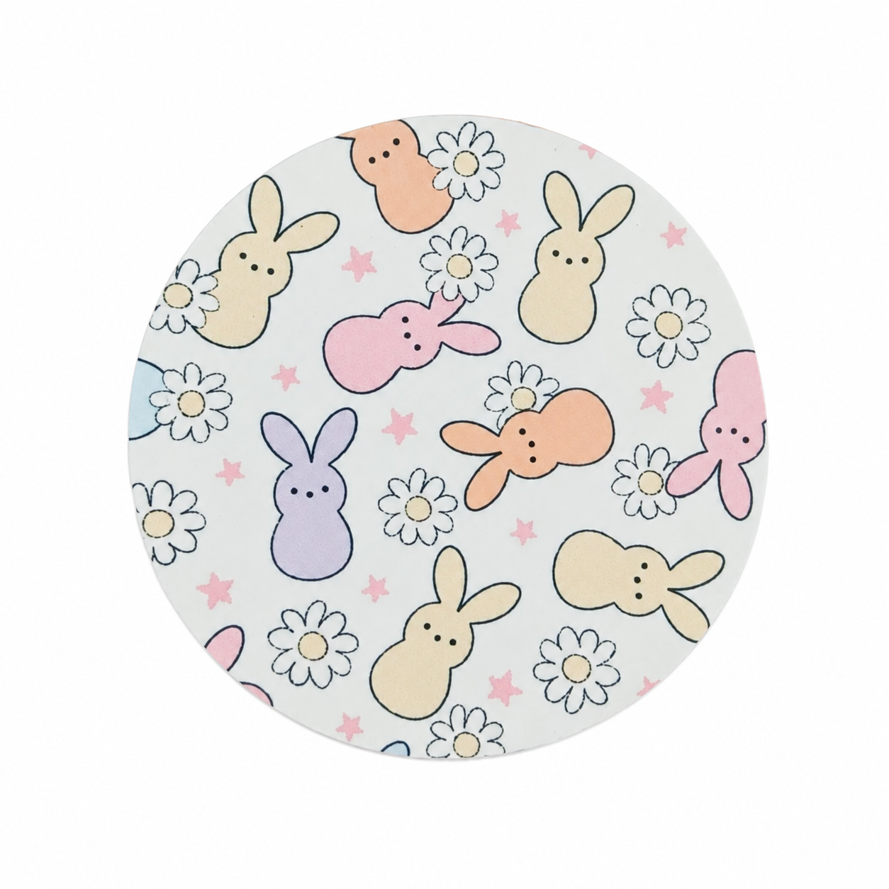 Pastel bunny hard board add-on featuring pink, peach, yellow, and purple bunnies with white daisies and stars, compatible with interchangeable badge reel bases.