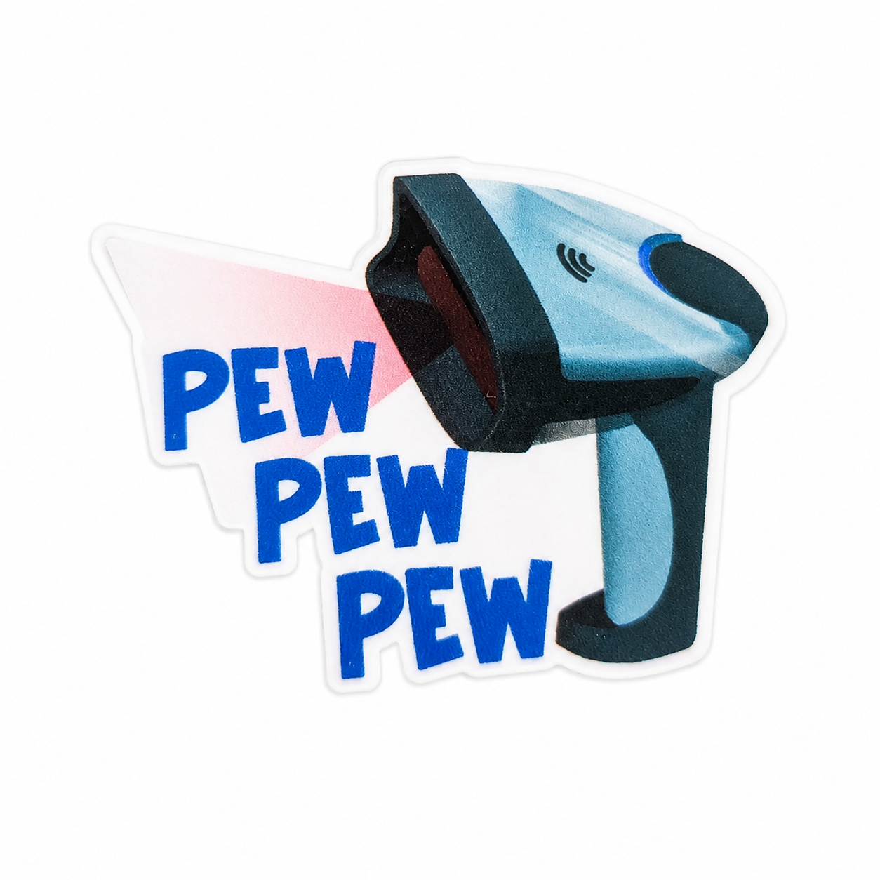 PEW PEW PEW plastic add-on with medication scanner design, compatible with interchangeable badge reel bases for healthcare workers.