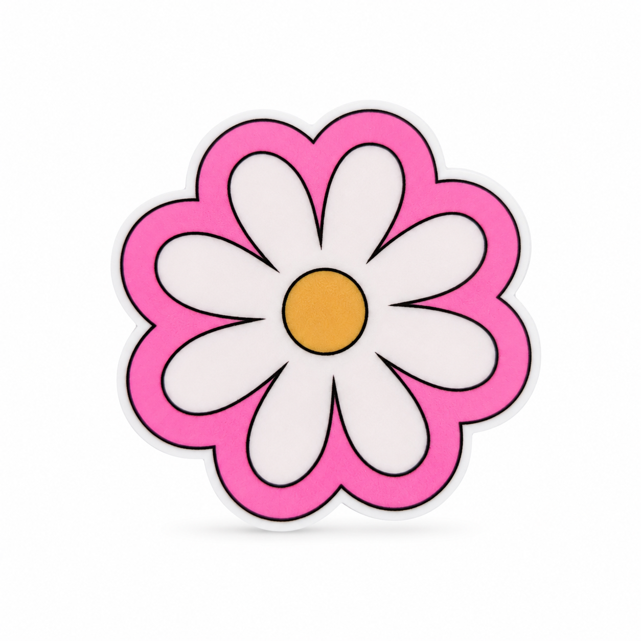 Pink daisy plastic add-on with white petals, a yellow center, and a bright pink scalloped background, compatible with interchangeable badge reel bases.