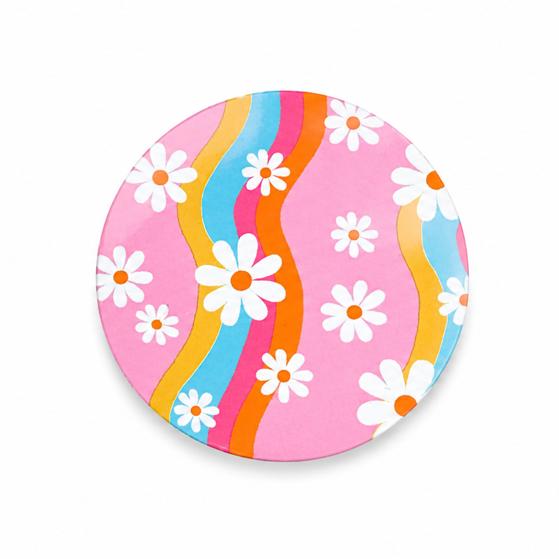 Pink Wavy Floral hard board add-on featuring white daisies and wavy pink, blue, coral, and mustard stripes, compatible with interchangeable badge reel bases.