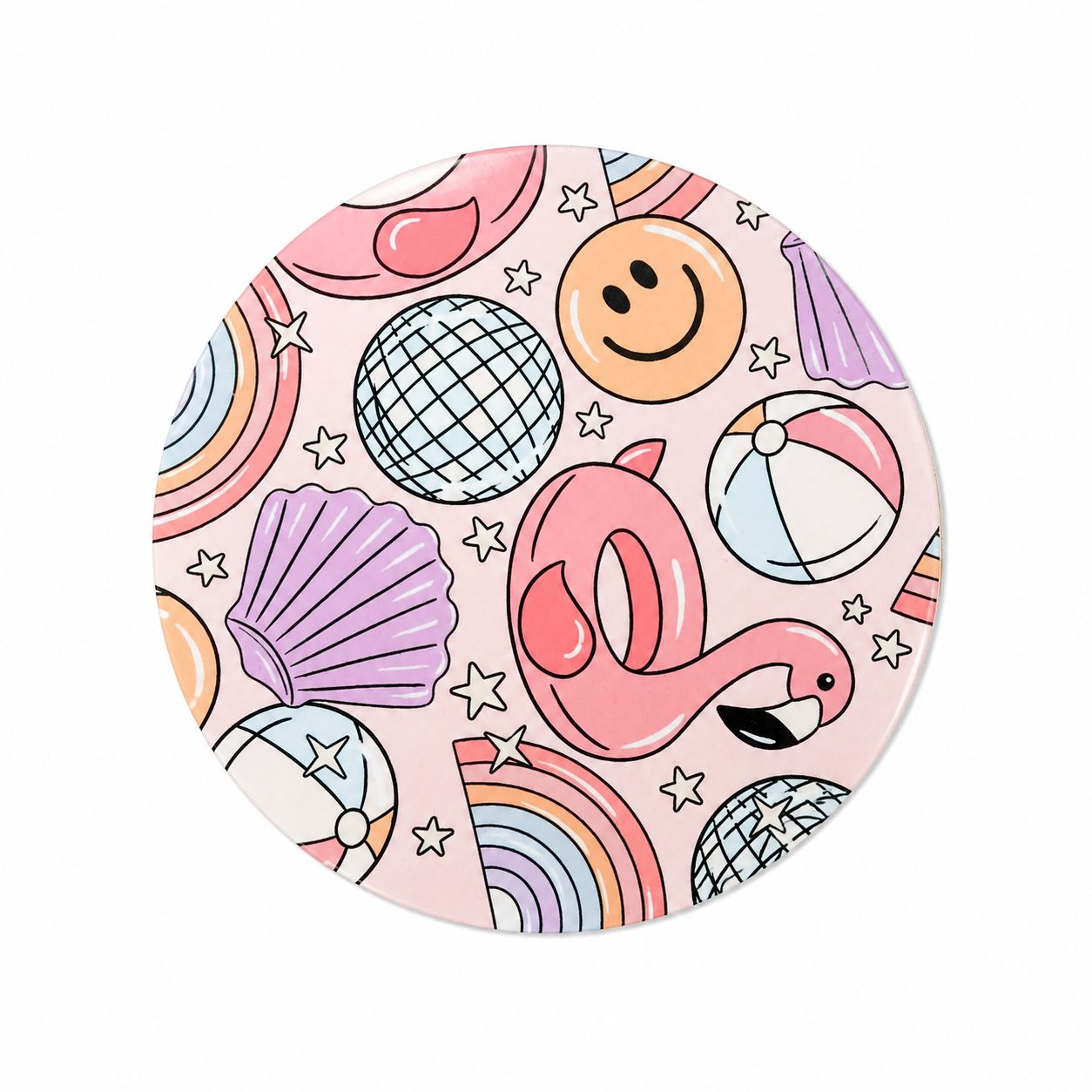 Retro summer hard board add-on featuring a pastel flamingo pool float, rainbow, beach balls, disco balls, seashells, smiley face, and stars. Compatible with interchangeable badge reel bases and perfect as a cute badge topper.