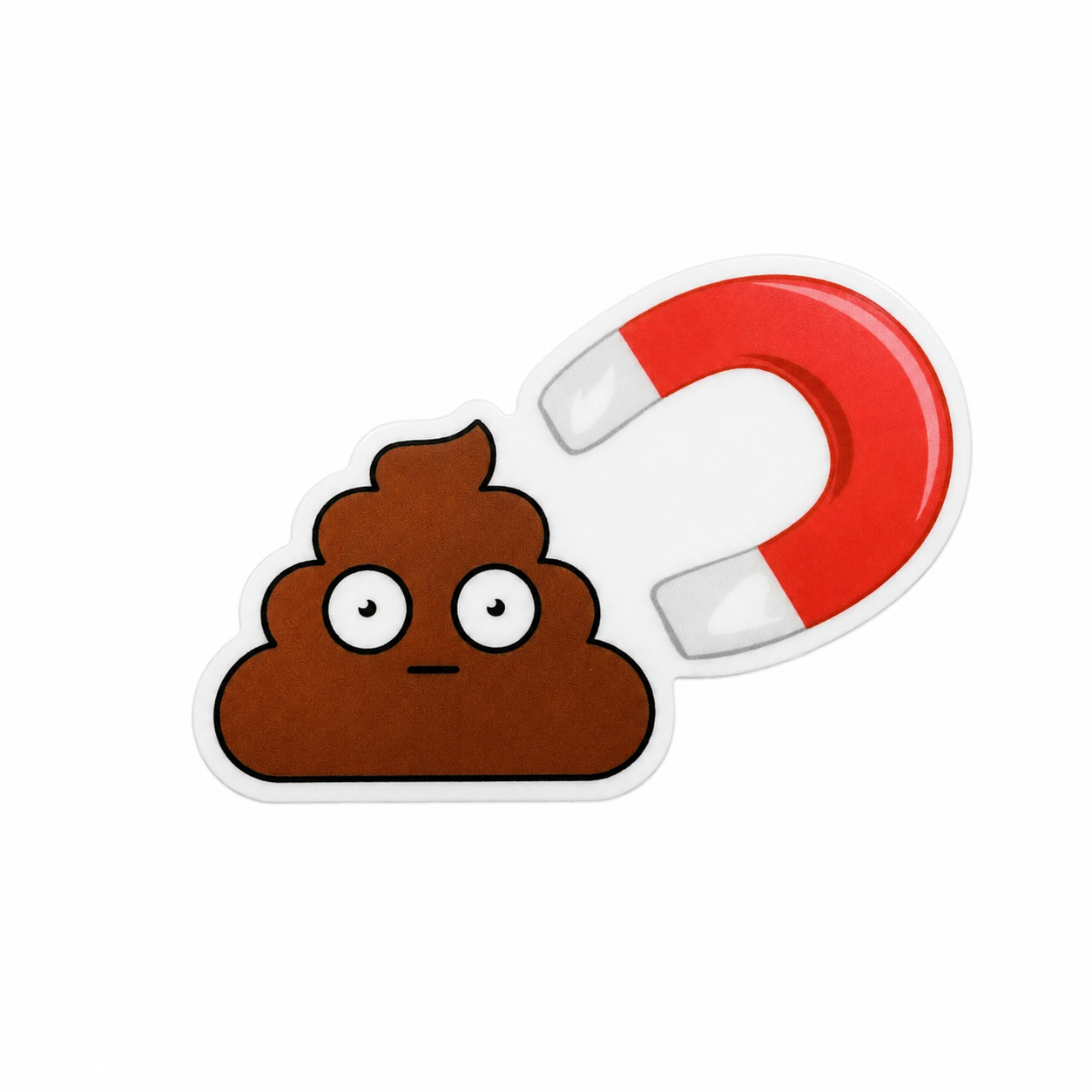 Poop magnet plastic add-on with funny poop character and red horseshoe magnet, compatible with interchangeable badge reel bases.