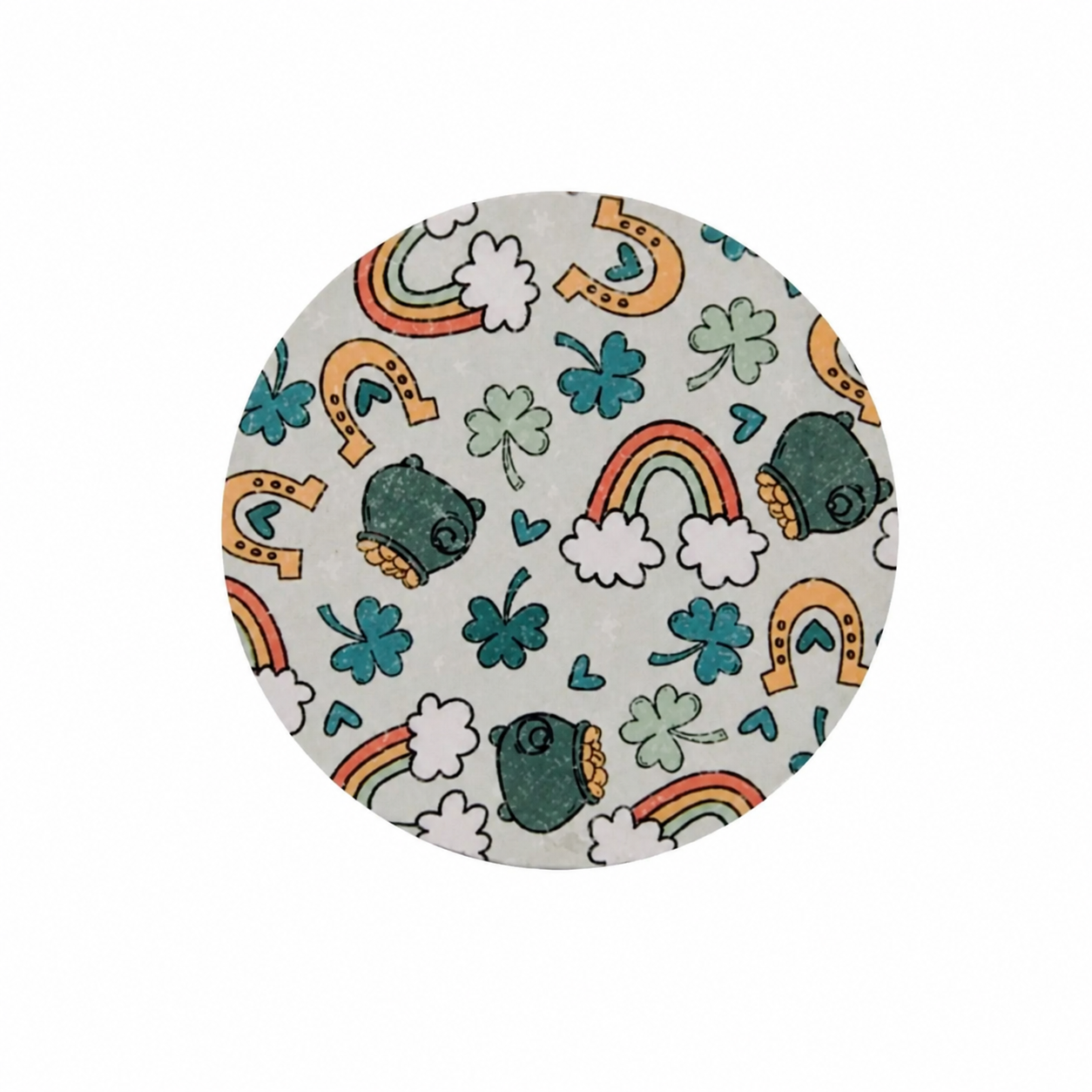 Pots of Gold Rainbow hard board add-on featuring pots of gold, rainbows, shamrocks, horseshoes, and clouds, compatible with interchangeable badge reel bases.