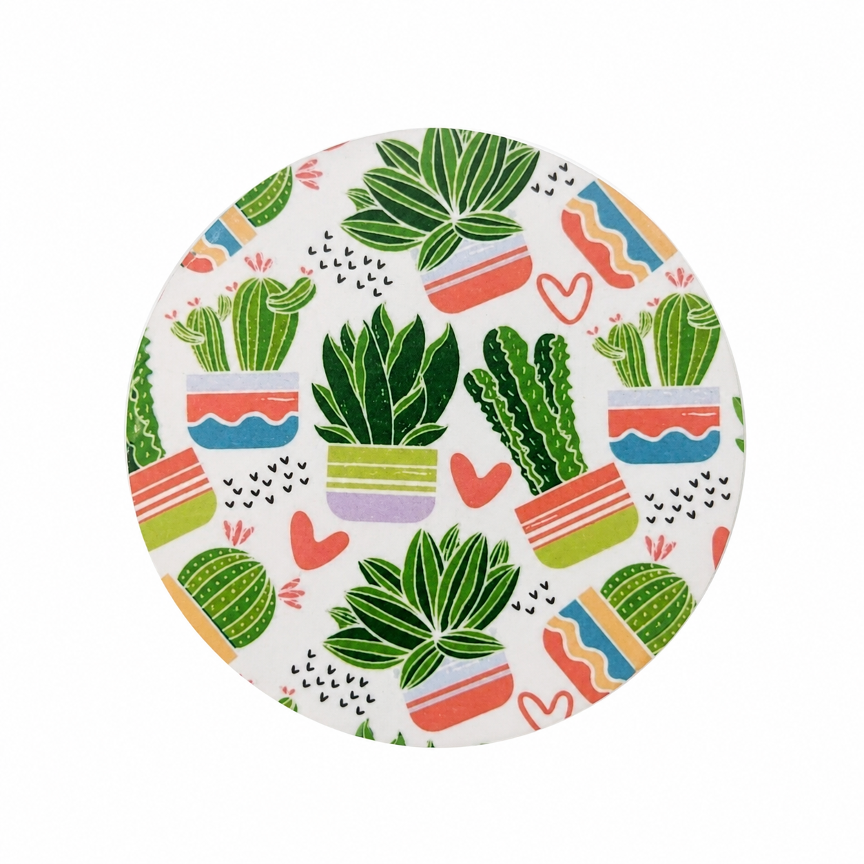 Potted Succulent Pattern hard board add-on featuring colorful succulents, cacti, flower pots, and hearts, compatible with interchangeable badge reel bases.