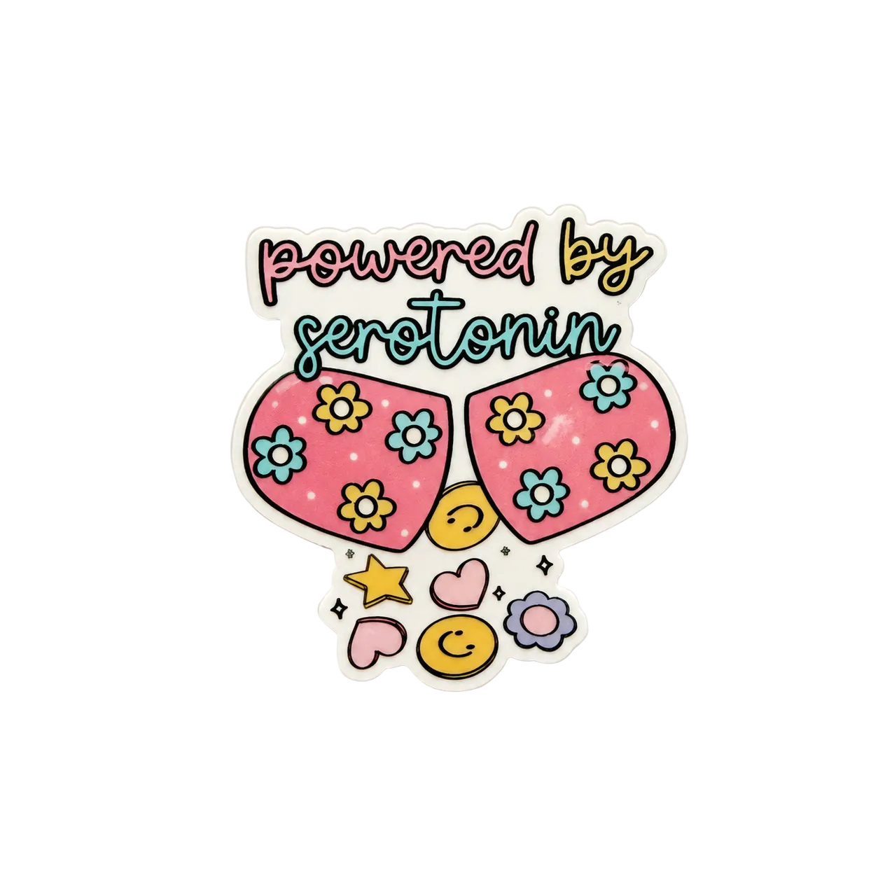 Cute “Powered by Serotonin” sticker with pastel floral sunglasses, smiley faces, and colorful retro kawaii aesthetic on a white background.