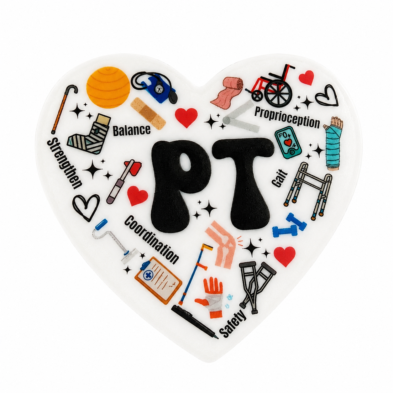 PT plastic add-on with Balance, Coordination, Proprioception, Gait, and Safety physical therapy icons, compatible with interchangeable badge reel bases as a physical therapist badge topper.
