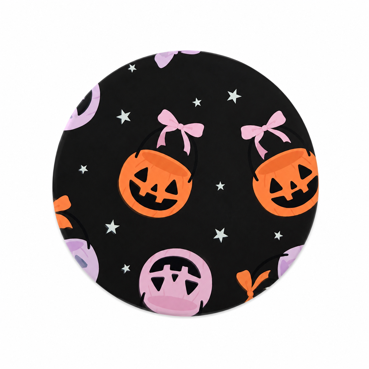 Halloween Pumpkin Bucket hard board add-on featuring smiling jack-o'-lantern candy buckets with pink bows on a black starry background, compatible with interchangeable badge reel bases.