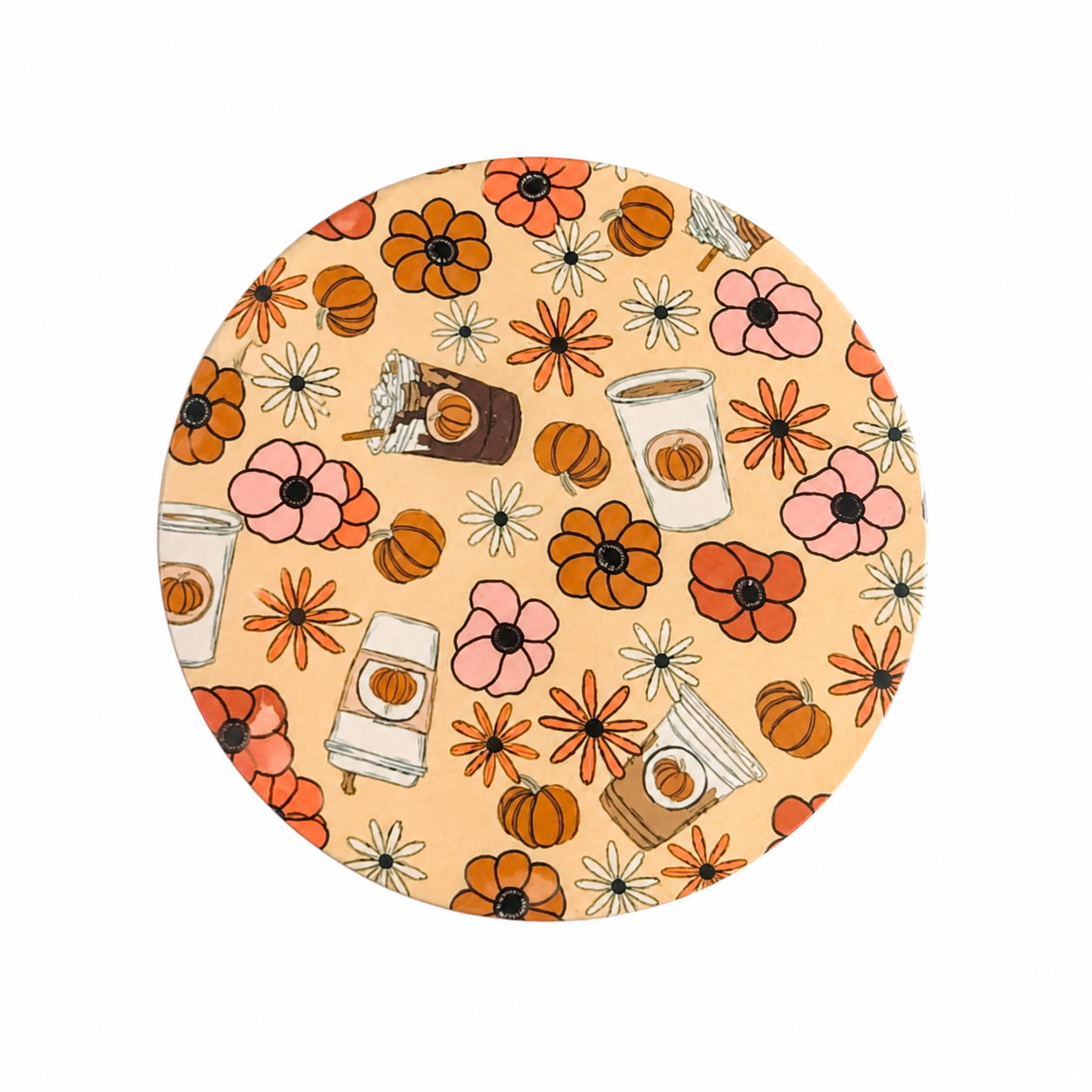 Pumpkin Coffee Floral hard board add-on featuring pumpkins, coffee cups, and autumn flowers, compatible with interchangeable badge reel bases for cozy fall style.