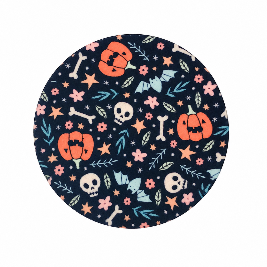 Pumpkin Halloween hard board add-on featuring jack-o'-lanterns, skulls, bones, bats, stars, and florals, compatible with interchangeable badge reel bases.